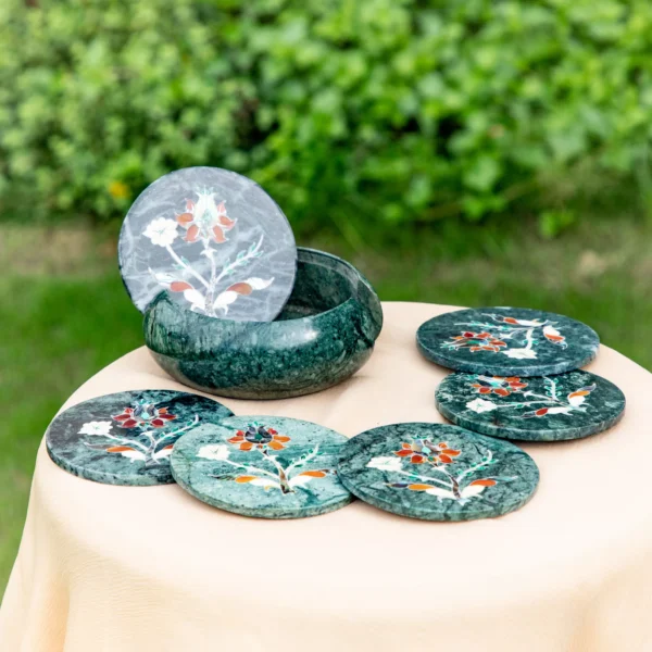 Handcrafted Green Marble Coaster Set with Floral Inlay