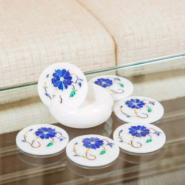 White Marble Coaster Set with Blue Floral Semi-Precious Stone