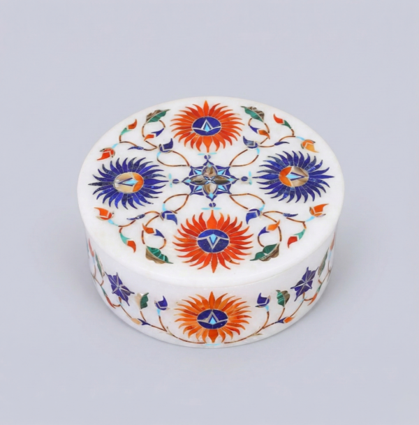 Round Floral "Pietra Dura" Jewelry Box