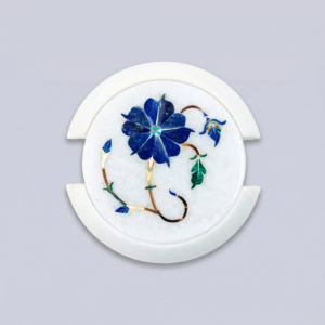 White Marble Coaster Set with Blue Floral Semi-Precious Stone