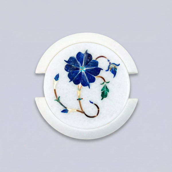 White Marble Coaster Set with Blue Floral Semi-Precious Stone