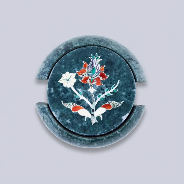 Handcrafted Green Marble Coaster Set with Floral Inlay