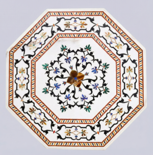 Octagonal White Marble Table Top with Multi-Color Pietra Dura Floral Inlay